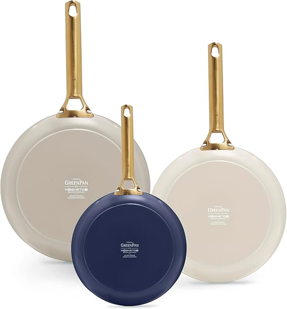 GreenPan 3 Piece Ceramic Cookware Set, Non Stick Frying Pans (8 10 & 12 Skillets), PFAS-Free Non-Toxic Induction Cookware, Hard Anodized, Kitchen Pots, Dishwasher Safe, Navy, Taupe, Cream