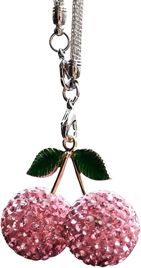 Crystal Cherry Car Mirror Charm Ornament, Mini Cute Bling Decor for Car Rearview Mirror, Sparkling Red Crystal Pendant for Auto Interior Decoration, Hanging Accessory (pink)