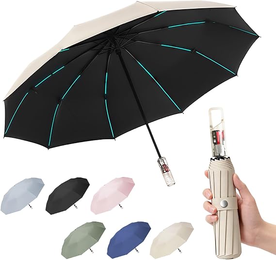 erised's bifrost Automatic Folding Umbrella with Transparent Carabiner Handle/Anti-Rebound/Safety/UPF 50/Waterproof/Sun Rain/10 Ribs/Strong/Men Women/Student/Elder/Travel/Hiking/Car