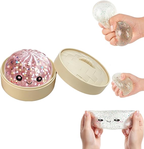 Squishy Glitter Dumpling Toy - 1 PC Bao Bun Squishys with Steamer Box, Squishy Dumpling Toys, Squishys Fidget Toys, Portable Stress Relief Squeezing Toy for Anxiety Stress Relief (Pink）