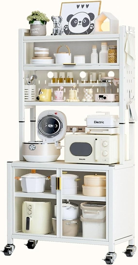 JKGHK Freestanding Kitchen Storage Cabinet, Microwave Storage Stand with Flip Door, Kitchen Floor Cupboard on Wheels with 3 Adjustable Heights, Tall Storage Sideboard(59cm/23.2in)