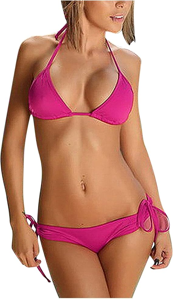 Women's Push Up Halter Bikini Set Sexy Two Piece Swimsuits Padded Triangle Top Side Tie Thong Bottom Textured Swimwear