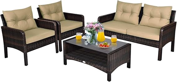 COSTWAY 4-Piece Patio Furniture Set, Sectional Wicker Rattan Sofa Chair with Cushion, Loveseat, Coffee Table with Tempered Glass and Shelf, Outdoor Conversation Sets for Poolside Porch (Brown)