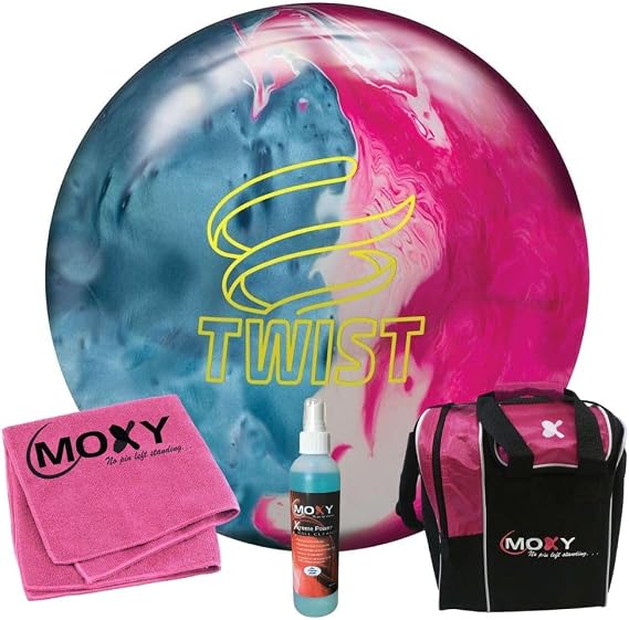 Brunswick Twist Sky Blue/Pink Snow Bowling Ball | Moxy Strike Pink Bowling Bag | Moxy Pink Micro Fiber Towel | Moxy Xtreme Power Cleaner Package
