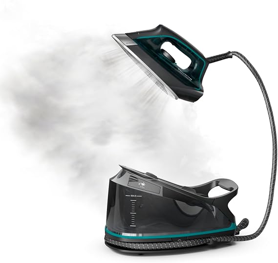 Rowenta Steam Station Iron for Clothes 1.1L Tank Compact, DG7626 | 400 steam holes, Vertical steaming, Stainless steel soleplate, Auto-off safety, Cord management, Made in France