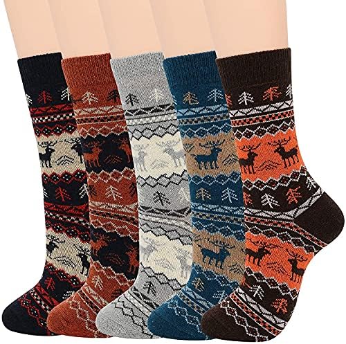 Moon Wood Men Winter Socks Knit Wool Blend Warm Crew Sock Dress Causal Cotton Socks for Man, 5 Pack