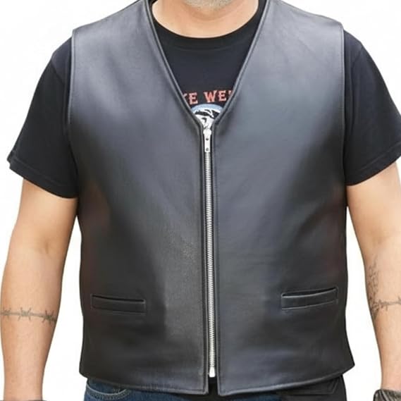 REED Men's Naked Cow Leather Motorcycle Zipper Vest Made in USA
