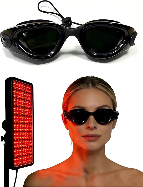 Tanning Bed Goggles, IPL & Red Light Therapy Half - clear Protective Eyewear 2002000nm, Sun Indoor Tanning Goggles with Adjustable Head Cord, Includes Case & Cleaning Cloth