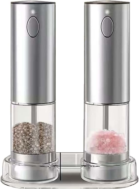 2 Set Electric Salt and Pepper Grinder, Rechargeable Salt and Pepper Shaker with LED light, Stainless Steel Automatic Pepper Mill with Adjustable Coarseness. (Silver)