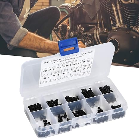 Black Hex Screw Combination, 300pcs M2 x 3~20mm 12.9 Grade Black Alloy Steel Hex Socket Screw Bolt and Nut Kit