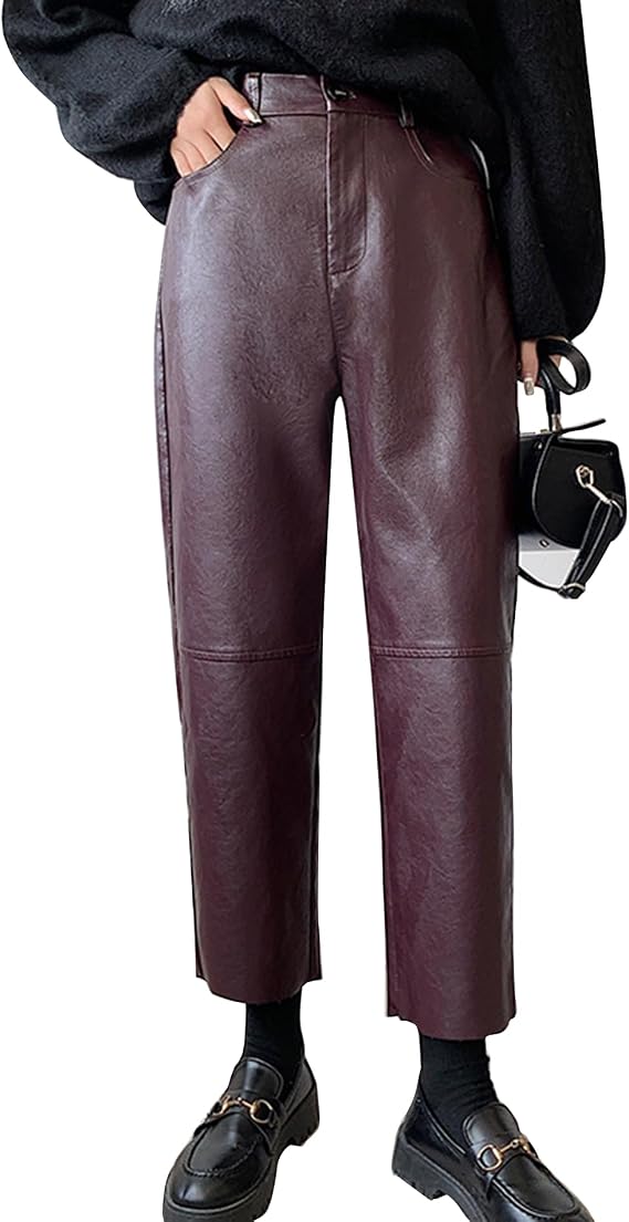 HaoMay Women's Faux Leather Pants Straight Leg High Waist Ankle Pleather Trousers(Ancora Red-XS)