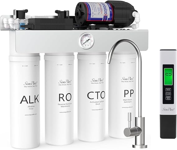SimPure Alkaline Reverse Osmosis System, NSF/ANSI 58 Certified, Tankless RO Water Filter System 400 GPD, pH+ Remineralization Water Filtration Under Sink  with TDS Meter Digital Water Tester