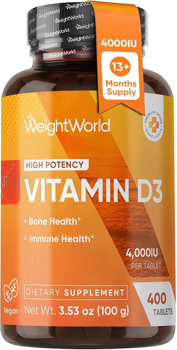 WeightWorld Vitamin D3 4000 IU (100mcg) | 400 Vegan Tablets, 1+ Year Supply | Bone Strength, Muscle Health & Immune Support with D3 Vitamin | Lichen Sourced Vit D3 (Cholecalciferol), Non-GMO, Gluten Free