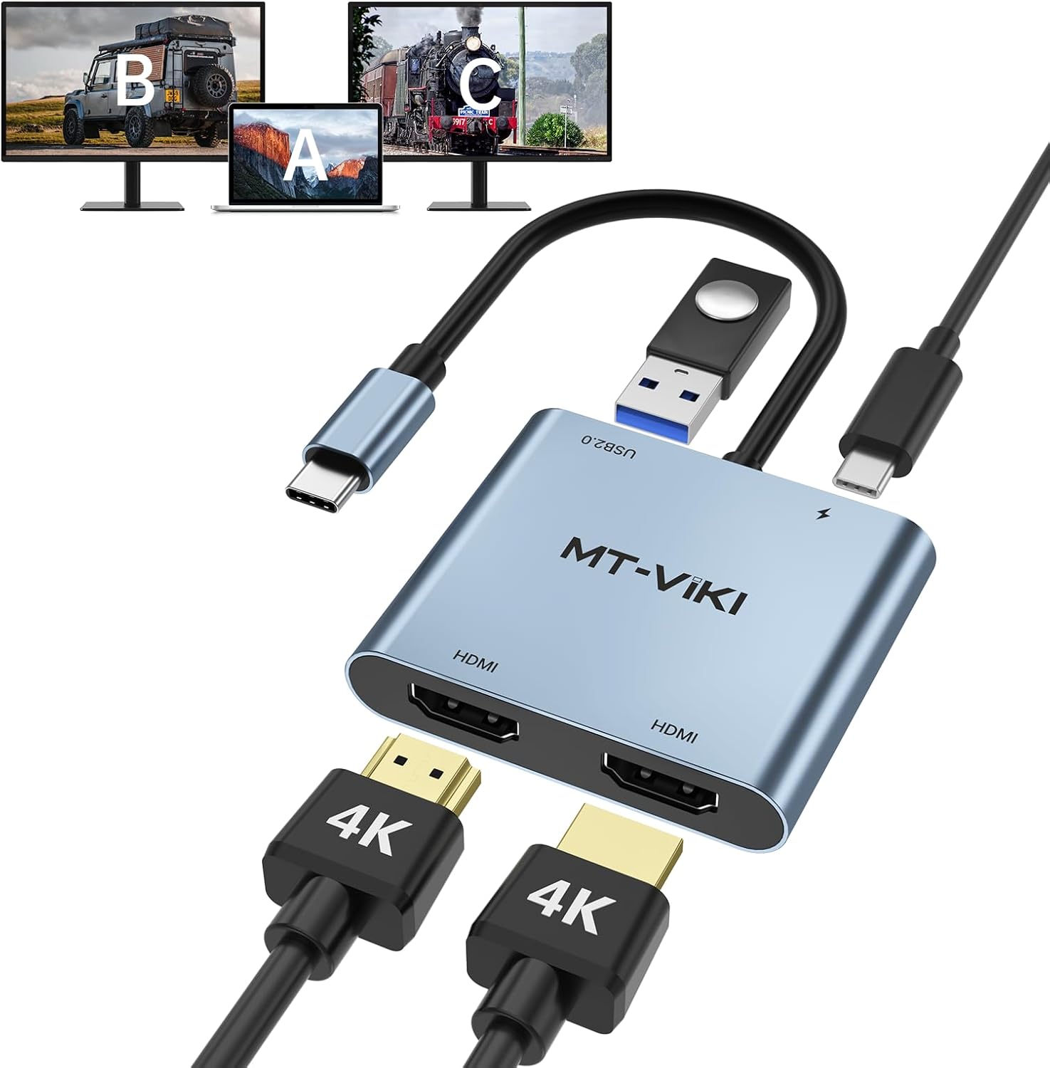 MT-VIKI 4K60HZ USB C Splitter Type-C on Dual HDMI Adapter 4 in 1 Supports WPD 100W Charging Compatible for Windows MacBook etc. with USB 2.0