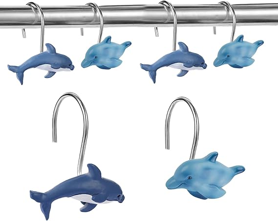 12 PCS Dolphins Shower Curtain Hooks Nautical Shower Curtain Hooks Shower Curtain Rings Rust Proof Beach Theme Bathroom Decor for Bathroom Bedroom Baby Living Room, Kids Bathroom Decor