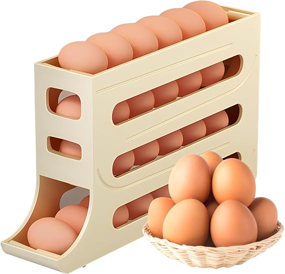 Egg DispenserAutomatic Rolling Egg Tray Organizer, 4Tiers, Holds 28 Eggs Simultaneously, Space-Saving Refrigerator Egg Roller for Kitchen, Refrigerator, Cabinets, Dining Table (Yellow)