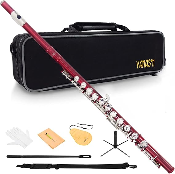 Red C Flute Closed Hole 16 Keys Flute Nickel-Plated for Beginner, Student and Professionals with Carrying case, Metal stand, Gloves, Tuning Rod, Cleaning kit(Red)