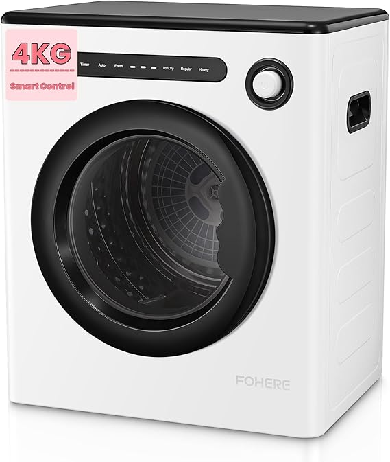4KG Vented Tumble Dryer, FOHERE 1200W Compact Vented Tumble Dryer, 6 Auto Drying Mode, Smart Drying, Double Temperature Control Protection, for Apartment, Home, Dorm, RVs, White [Energy Class A+]
