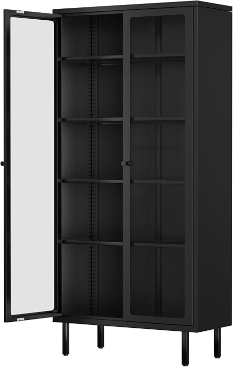 INTERGREAT 67 H Glass Display Cabinet, Metal Curio Cabinet with Tempered Glass Doors & Adjustable Shelves, Metal Storage Cabinets for Living Room, School, Plant, Black, Assembly Required