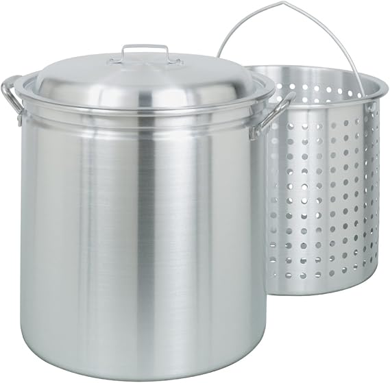 Bayou Classic 4034-34-Qt Aluminum Stockpot with Basket - Domed Lid, Riveted Handles, Steaming, Canning