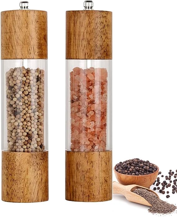 Salt and Pepper Shakers Wooden Refillable Grinder Adjustable Grind 8 Inch