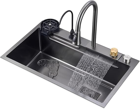 Kitchen Sink Stainless Steel Raindance Waterfall Sink Home Dish Sink Gun Grey Nano Single Sink Workstation Kitchen Sink with Pull-Out Faucet