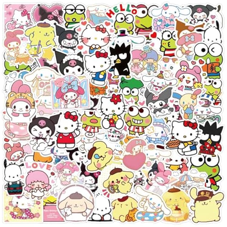 200Pcs My Melody and Kuromi Stickers, Hello Kitty Pompompurin Keroppi Cinnamoroll Stickers for Kids,Water Bottle Stickers for Kids,Skateboard Stickers for Teens Girls Kids White