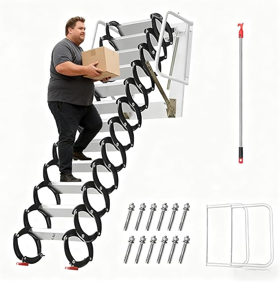 Attic Ladder Pull Down System - Heavy Duty 1100 lb Capacity Folding Stairs