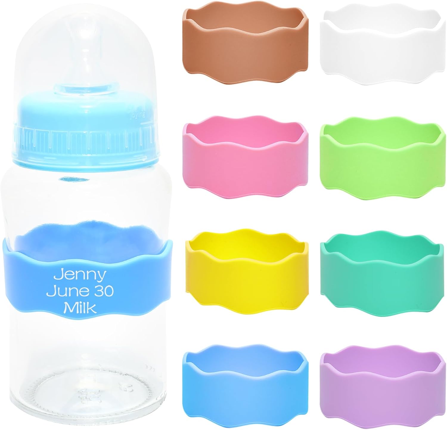 8 Piece Reusable Silicone Water Name Tag, Writable Anti-Slip Bottle Labels Daycare, Fits 7-9 Circumference for Kids Baby Bottles, Dishwasher Safe 8 Colors