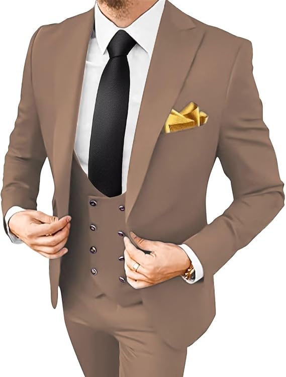 Mens Slim Fit Suit 3 Piece Solid Double-Breasted Casual Business Blazer Set for Weddings Party Tuxedo Jacket Pants
