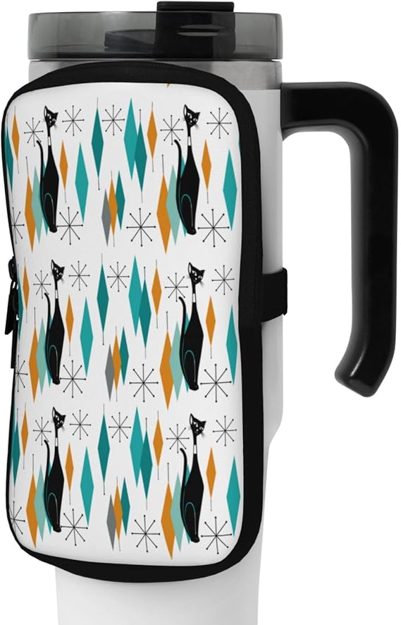 Mid Century Black Cat Water Bottle Pouch & Armband for Stanley Cup Accessories Yoga Gym Sports Water Bottle Bag for Men Women