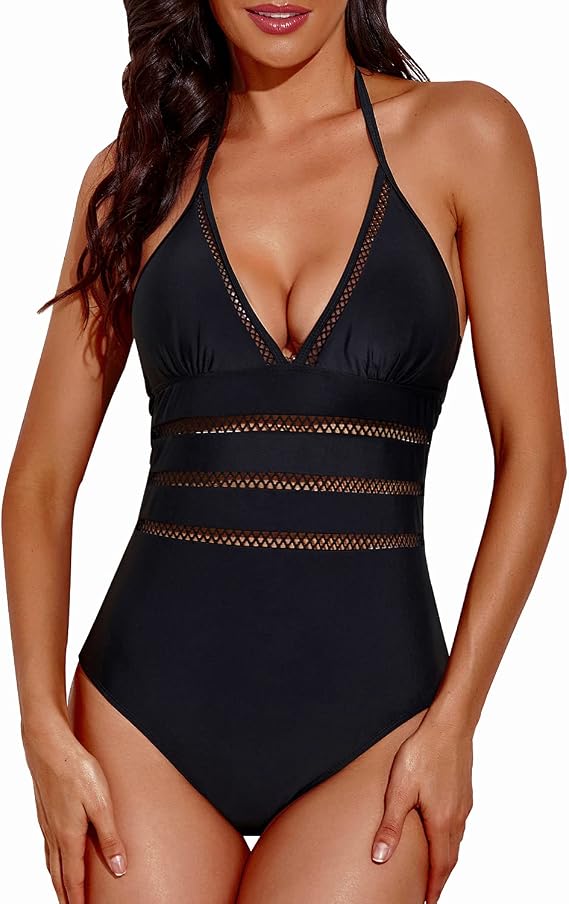Tempt Me Women Sexy One Piece Swimsuit Halter Plunge V Neck Monokini Hollow Out Bathing Suit