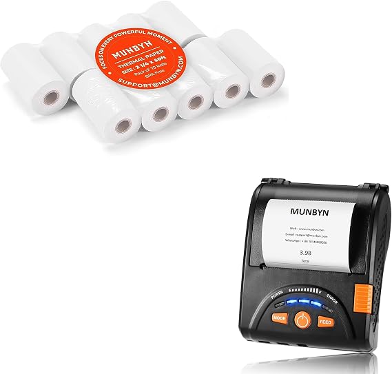 MUNBYN 58mm Mini Wireless Bluetooth Receipt Printer and 2 1/4 x 50ft Thermal Paper (10 Rolls), BPA Free 58mm Receipt Paper