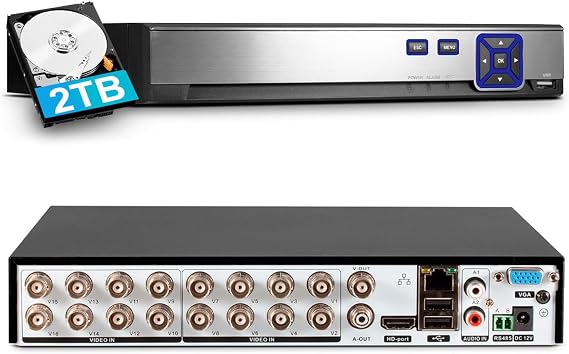 KERUI 16 Channel Security Recorder DVR Supports 5MP Hybrid 5-in-1 AHD/TVI/CVI/CVBS/XVI Analog Camera DVR with Human Detection, Remote Access 24/7 Recording(Pre-Installed 2TB Hard Drive)