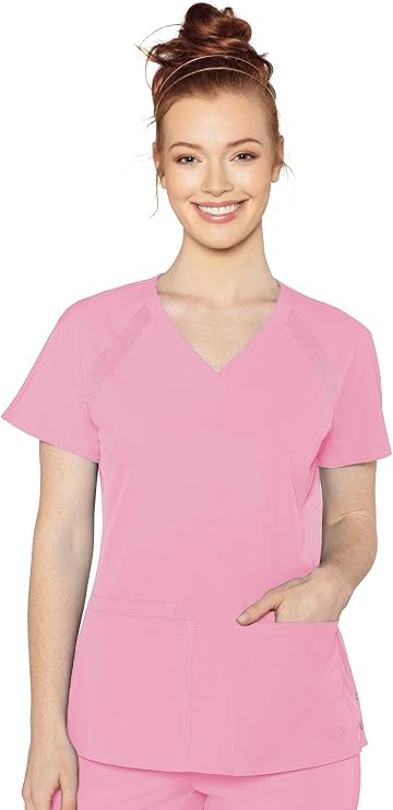 Med Couture Peaches Scrub Top for Women Raglan V-Neck 3 Pockets