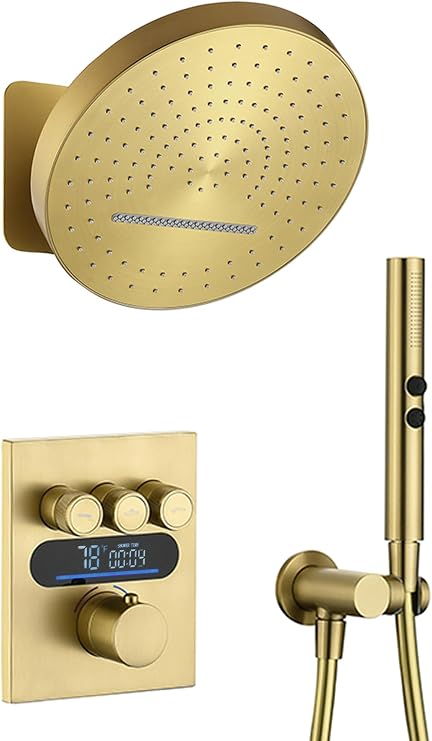 Lefton Shower System in Fahrenheit Display (Battery-free), 13 Overhead Round Rainfall Shower Head with All-in-one Handheld Spray Showerhead, 4-in-1 Control System, SSWM2501 (Brushed Gold)