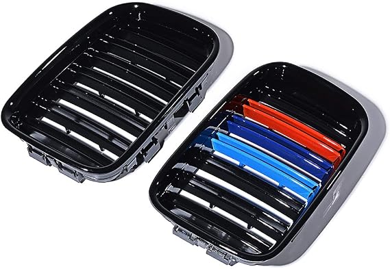 AstraDepot 1 Pair Glossy Black + M Color Kidney Grille Grill Dual Slat Compatible for 1992-1996 BMW E36 3-Series Pre-Facelift, Double Line For 92-96 E36 3-Series Pre-LCI