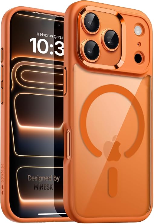 Minesk iPhone 17 Pro Max için SUPER-CRYSTAL Magsafe ile Uyumlu Kılıf Arkası Kristal Berraklığında Cam Görünüm Kenarları Darbe Emici Silikon Hybrid Kılıf (Turuncu, 17 Pro Max)
