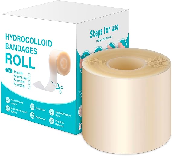 Hydrocolloid Roll for Wound Care - Extra Large Cut-to-Size Medical-Grade Hydrocolloid Patch Bandages with Self-Adhesive, Ultra Absorbent or Burn, Blister, Acne Care, Sterile & Waterproof (2IN*5.0FT)
