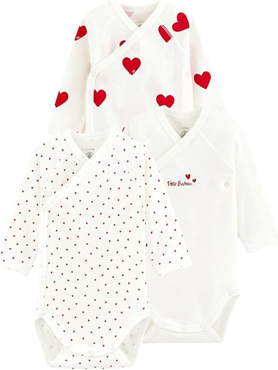 Petit Bateau Babies' Long-sleeved Wrapover Red Hearts Organic Cotton Bodysuits - 3-Pack STYLE A00AZ SIZES NB-12/M
