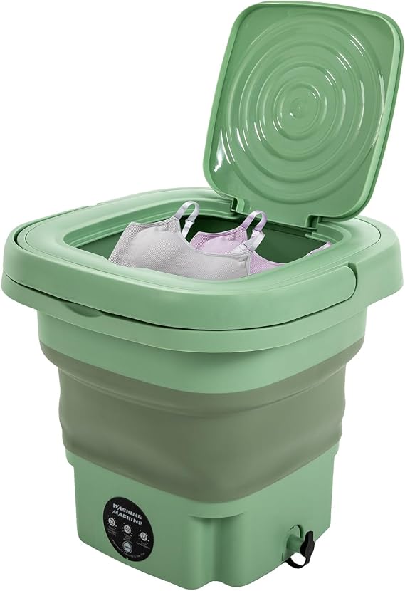 8L Portable Mini Washing Machine Foldable Washer and Spin Dryer with Drainage Basket, Electric Collapsible Washing Machine for Apartment Camping, RV, Travel (Green)
