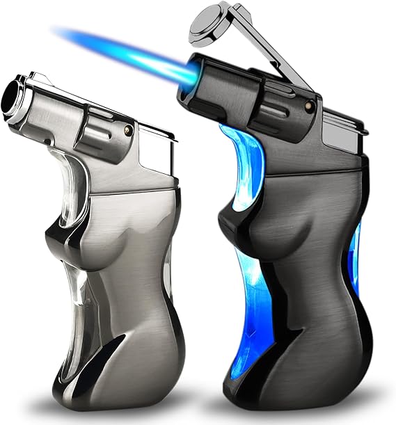 Torch Lighter, 2 Pack Jet Flame Lighters, Cool Windproof Lighter with Visible Fuel Tank, Adjustable Flame Candle Lighter, Refillable Butane Lighter for Outdoor, Indoor (Without Butane)