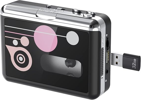 Portable Cassette Player Converter, Convert Cassette to MP3 via USB Disk, USB/Tape Audio Music Player with Earphones, No PC Required