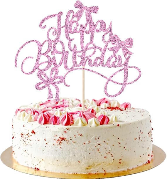 Bowknot Happy birthday Cake Topper-Pink glitter Bowknot Coquette Cake Pick Bow Tie Cake Decoration for Wedding Bridal Shower Theme Princess Girl Birthday Party Cake Decorations Supplies