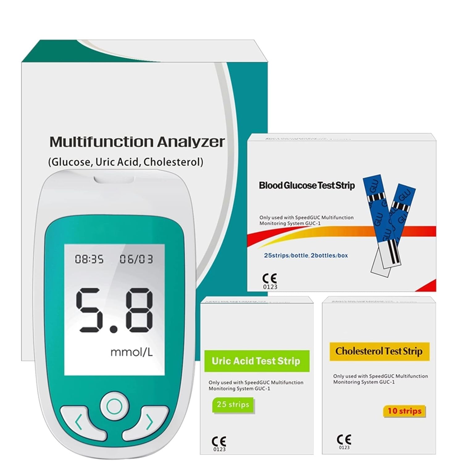 Portable Monitoring Kit, Cholesterol Test Kit Easy To Use Home Test 3 In 1 Multi-Function Cholesterol Test Kit Uric Acid And Blood Glucose Tester For Home With 65 Test Strips Health Care Machine