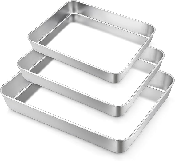 TeamFar Baking Pan Set of 3, Stainless Steel Deep Sheet Cake Pan for Oven Baking, 12.5/10.5/9.4 Inch Rectangle Bakeware Set for Bread/Lasagna/Brownie/Casserole, Healthy & Heavy-Duty, Dishwasher Safe