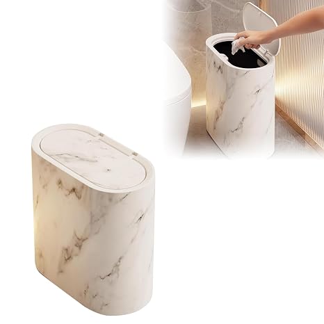 Bathroom Trashcans with Lids, Plastic Marble Pattern Trash Can, Narrow Wastebasket, Modern Waste Basket, Small Garbage Bin for Home Hotel & Indoor Use (White)