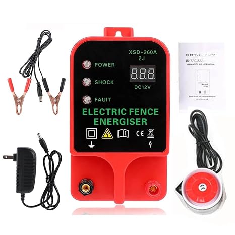 10KM 2J Portable Electric Fence Energizer, Waterproof Fence Charger for Livestock Cattle Horse, AC or Battery Powered, Alarm Function