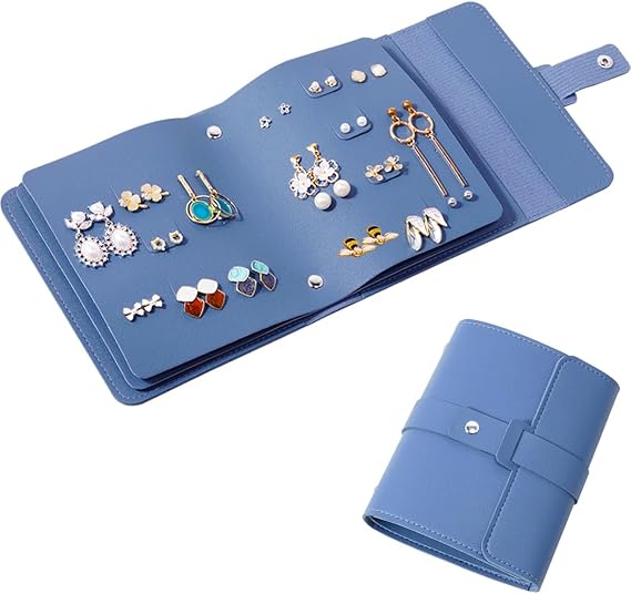 QBestry Earring Holder Organizer Book for Travel, 42 Pairs Stud Earrings Organizer with Staggered Holes & Snap, Waterproof PU Leather Earring Storage Case Portable Earrings Book for Women Girls - Blue