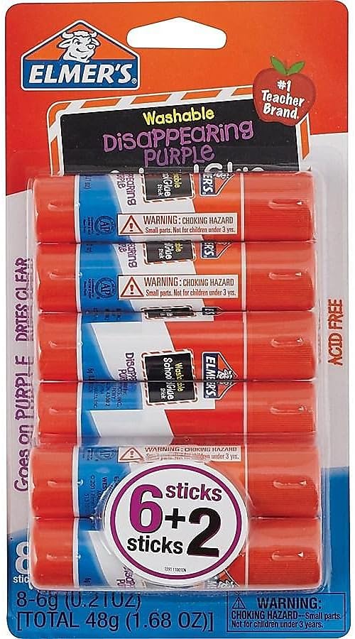 Elmer's Disappearing Purple School Glue Sticks, 0.21 oz Each, 8 Sticks per Pack (E1591)